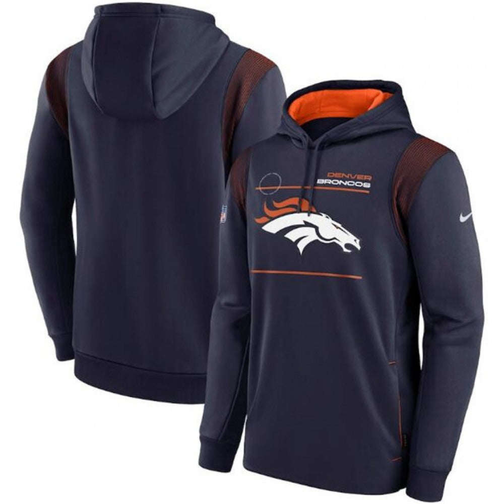 Men's Denver Broncos 2021 Navy Sideline Logo Performance Pullover Hoodie 