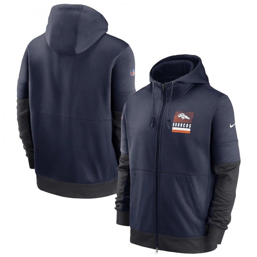 Men's Denver Broncos Navy Sideline Impact Lockup Performance Full-Zip Hoodie 