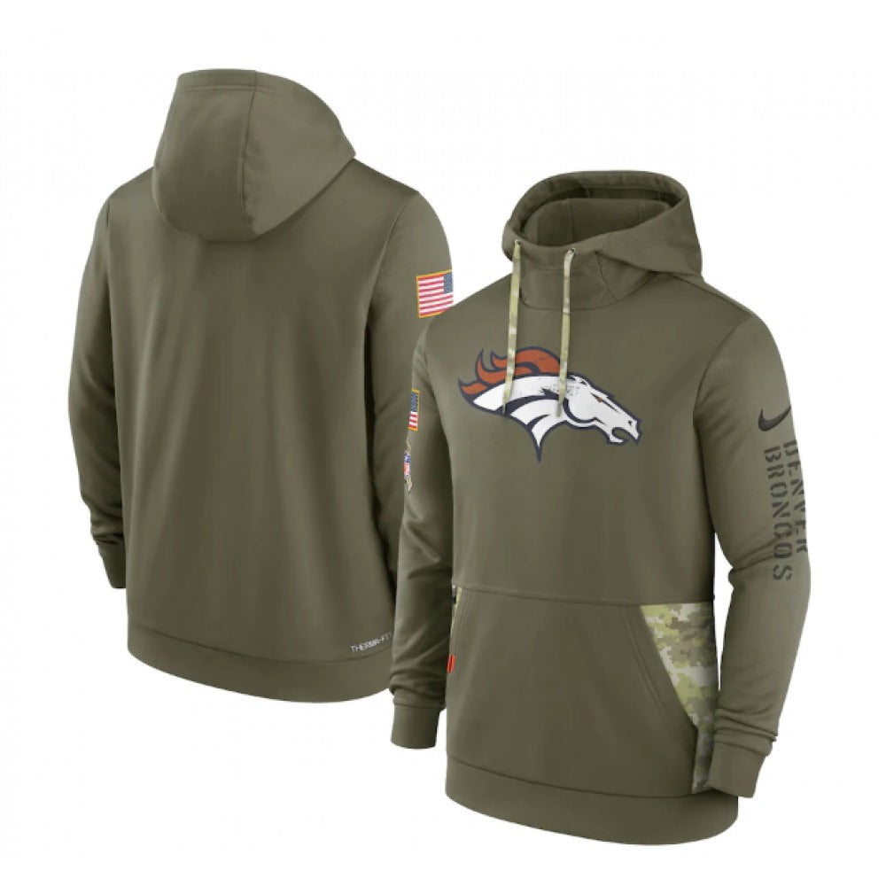 Men's Denver Broncos 2022 Olive Salute to Service Therma Performance Pullover Hoodie 