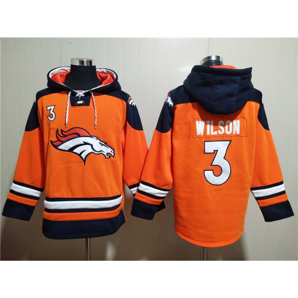Men's Denver Broncos #3 Russell Wilson Orange Ageless Must-Have Lace-Up Pullover Hoodie 