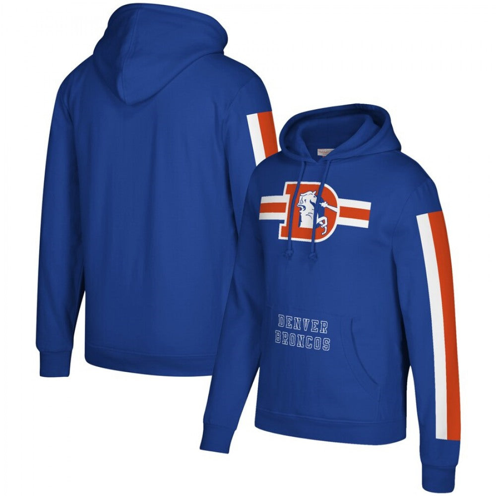 Men's Denver Broncos 2019 Royal Mitchell & Ness Three Stripe Pullover Hoodie 