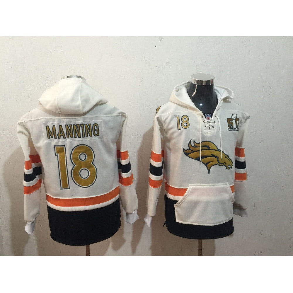 Men's Denver Broncos #18 Peyton Manning White Super Bowl 50 All Stitched NFL Hoodie Sweatshirt 