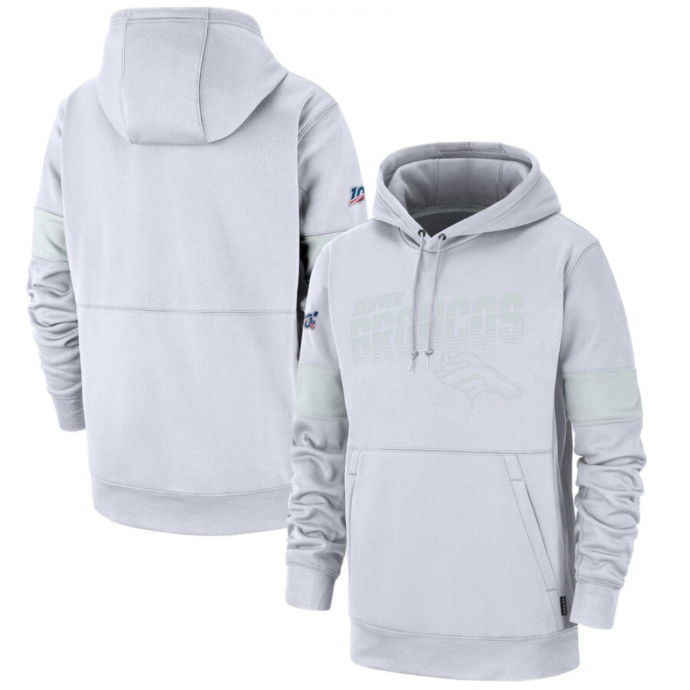 Men's Denver Broncos White 2019 100th Season Sideline Platinum Therma Pullover Hoodie 