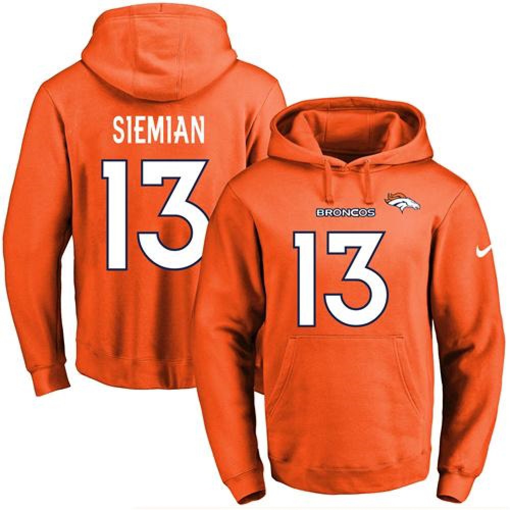 Broncos #13 Trevor Siemian Orange Name & Number Pullover NFL Hoodie 