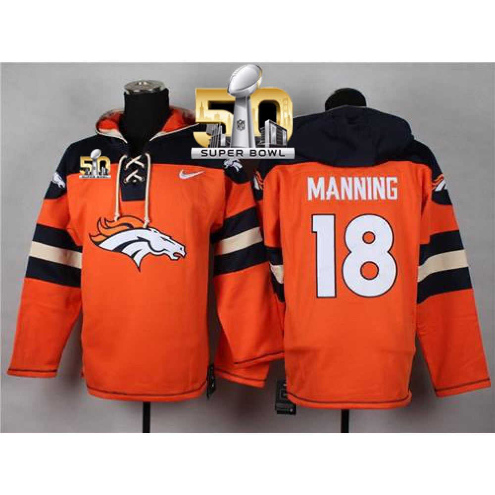 Broncos #18 Peyton Manning Orange Super Bowl 50 Player Pullover NFL Hoodie 