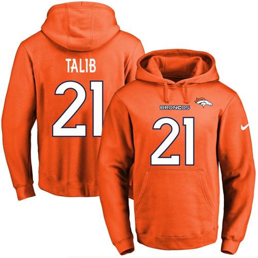 Broncos #21 Aqib Talib Orange Name & Number Pullover NFL Hoodie 