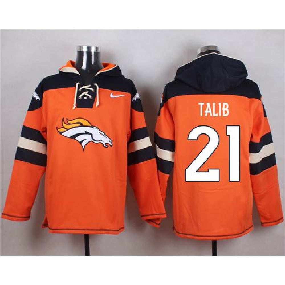 Broncos #21 Aqib Talib Orange Player Pullover NFL Hoodie 