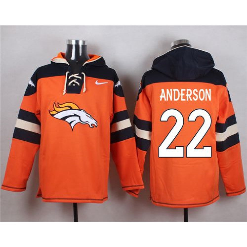 Broncos #22 C.J. Anderson Orange Player Pullover NFL Hoodie 