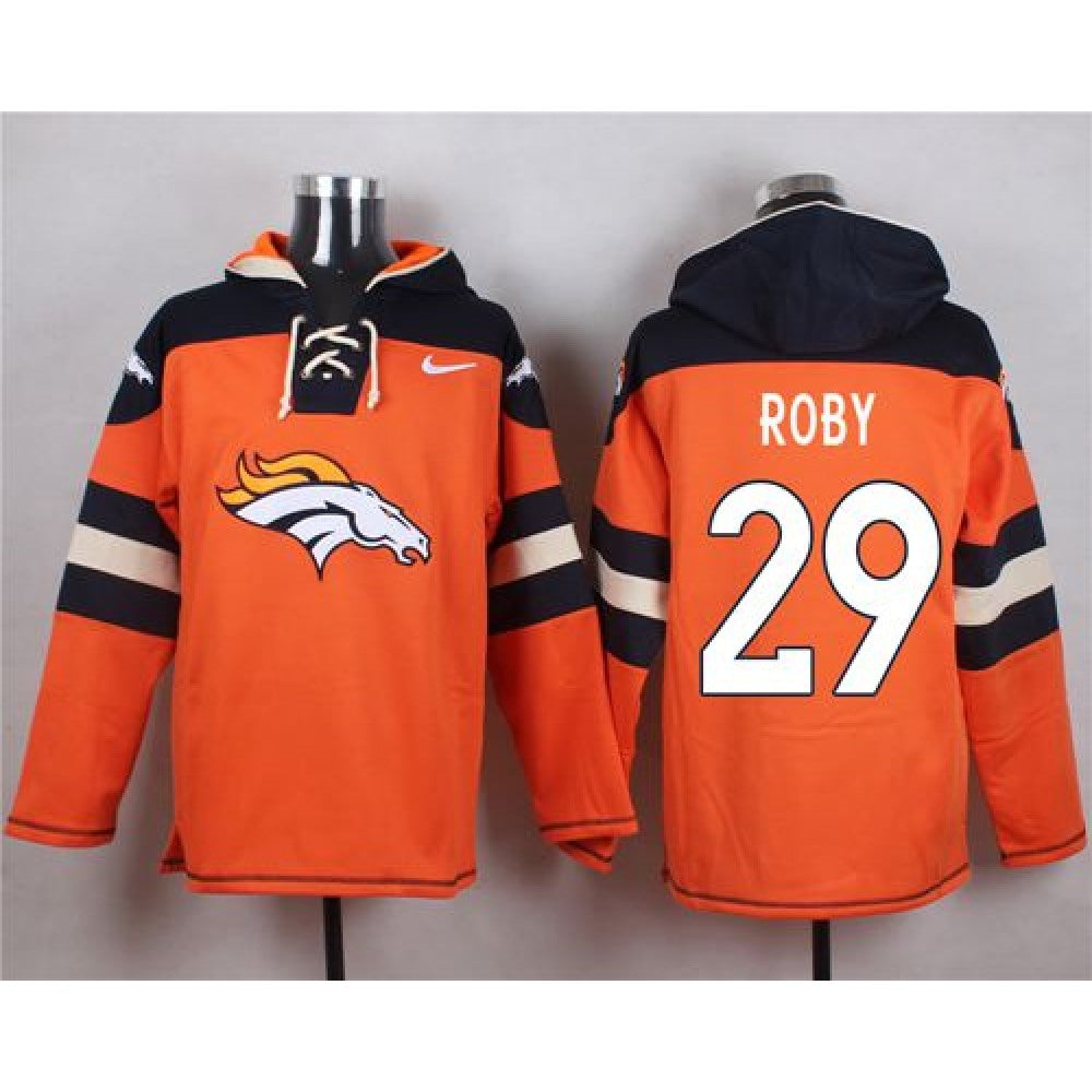 Broncos #29 Bradley Roby Orange Player Pullover NFL Hoodie 