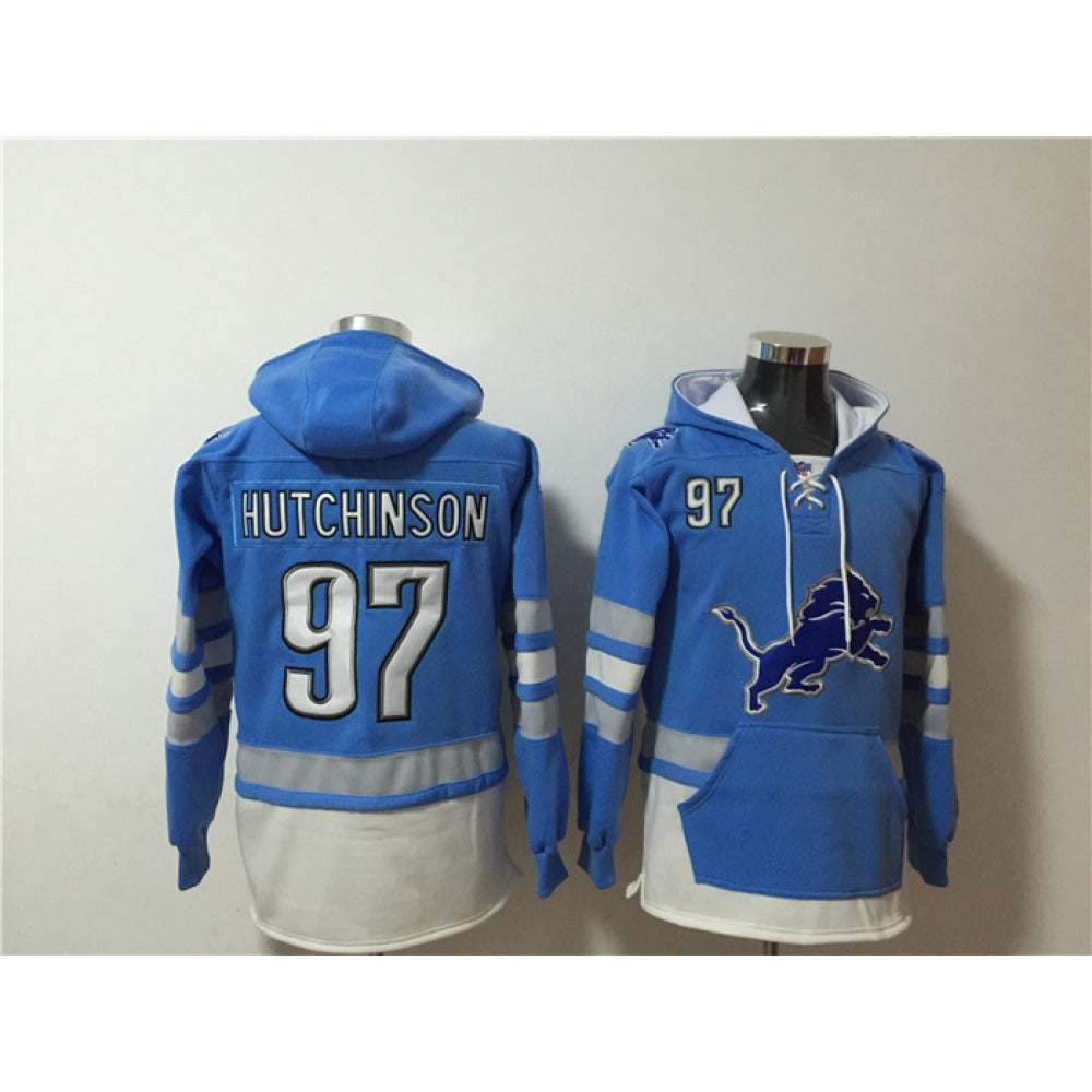 Men's Detroit Lions #97 Aidan Hutchinson Blue Ageless Must-Have Lace-Up Pullover Hoodie 