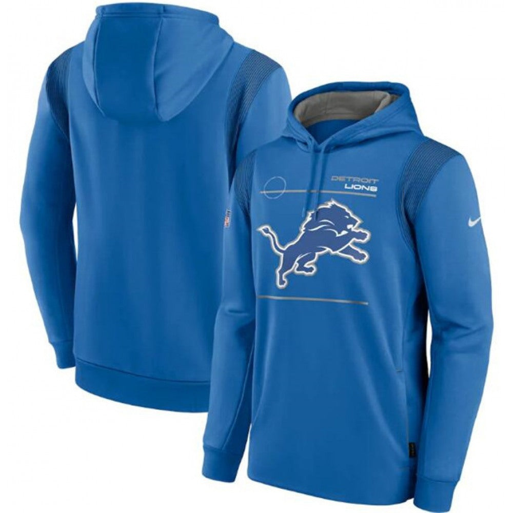Men's Detroit Lions 2021 Blue Sideline Logo Performance Pullover Hoodie 