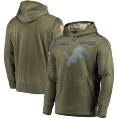 Men's Detroit Lions Olive Salute to Service Sideline Therma Performance Pullover NFL Hoodie 