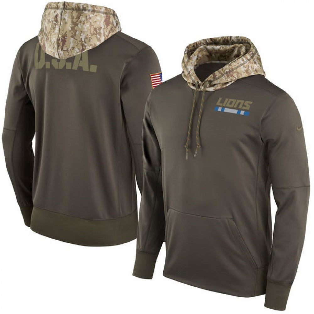 Men's Detroit Lions Olive Salute to Service Sideline Therma Pullover Hoodie 