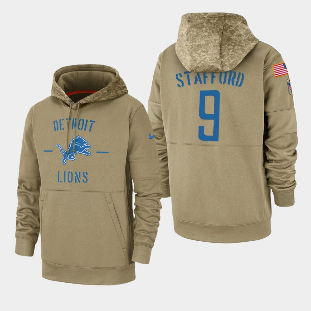 Men's Detroit Lions #9 Matthew Stafford Tan 2019 Salute to Service Sideline Therma Pullover Hoodie 