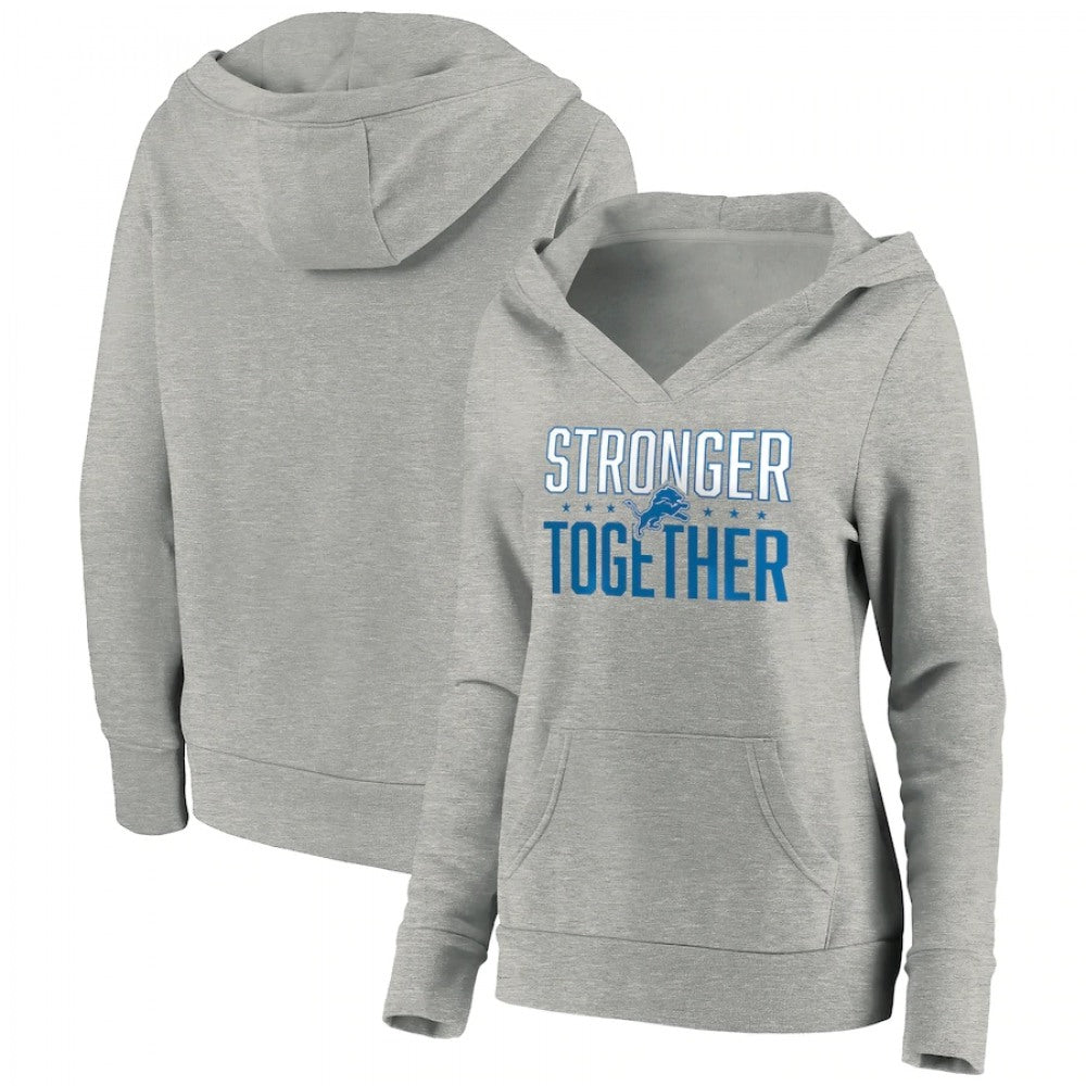 Women's Detroit Lions Heather Gray Stronger Together Crossover Neck Pullover Hoodie(Run Small) 