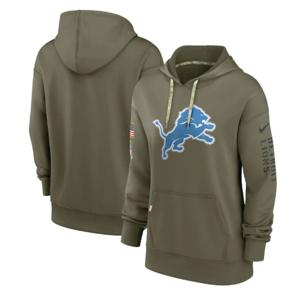 Women's Detroit Lions 2022 Olive Salute to Service Therma Performance Pullover Hoodie(Run Small) 