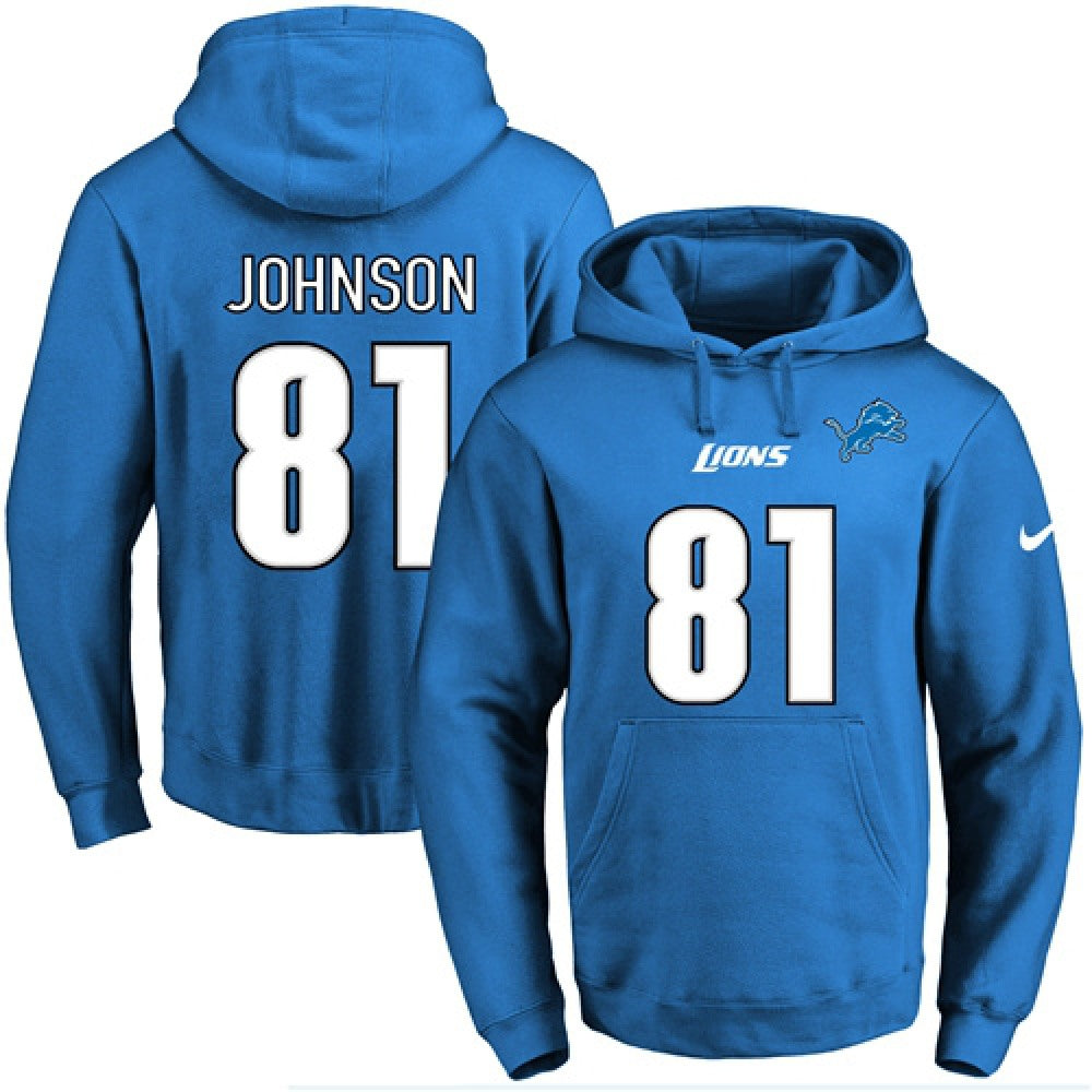 Lions #81 Calvin Johnson Blue Name & Number Pullover NFL Hoodie 