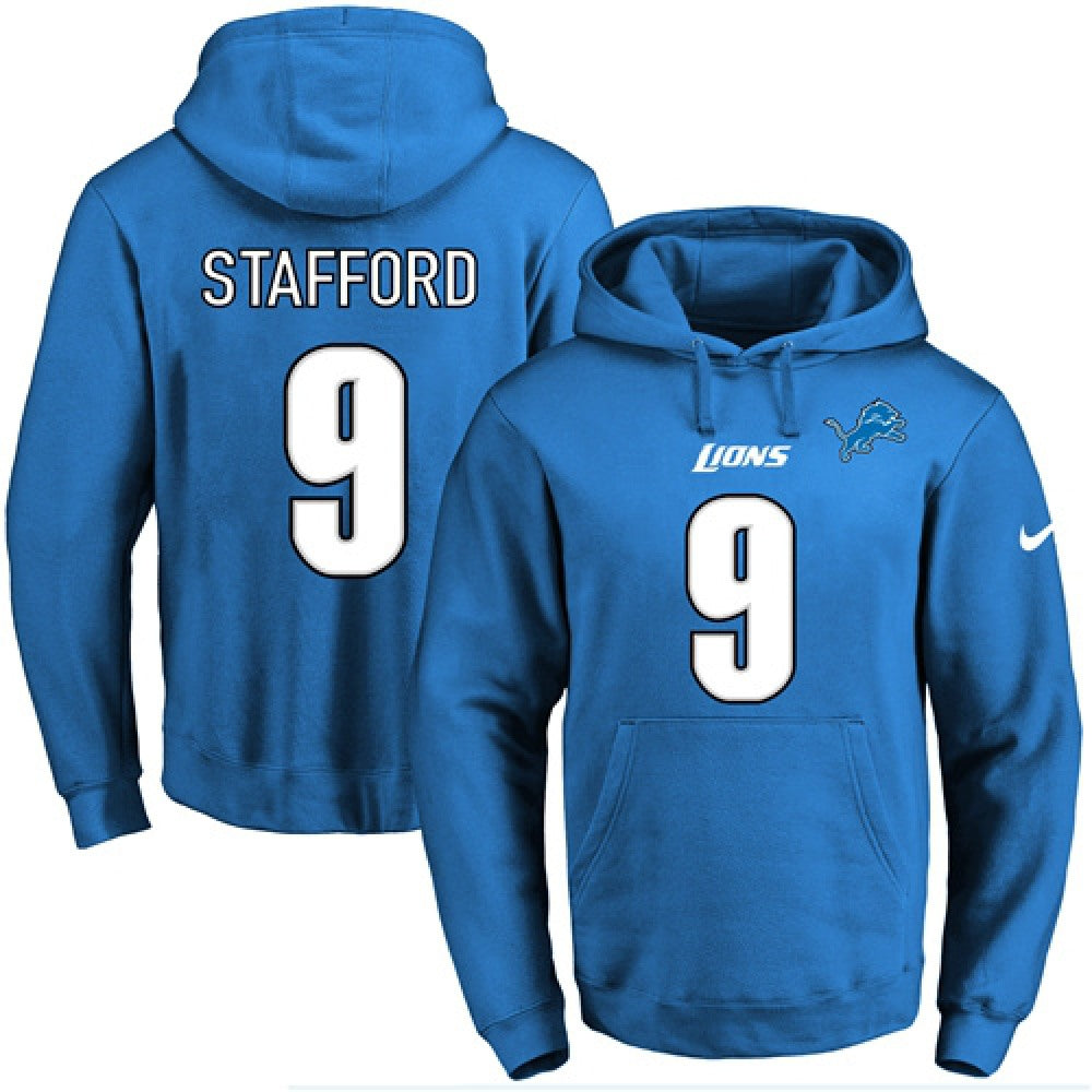 Lions #9 Matthew Stafford Blue Name & Number Pullover NFL Hoodie 