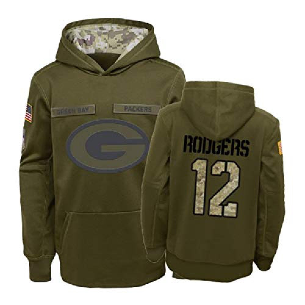 Men's Green Bay Packers #12 Aaron Rodgers 2019 Olive Salute To Service Sideline Therma Performance Pullover Hoodie 