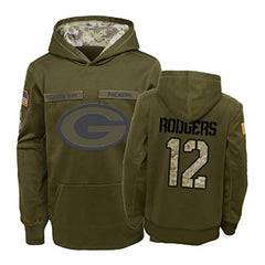 Men's Green Bay Packers #12 Aaron Rodgers 2019 Olive Salute To Service Sideline Therma Performance Pullover Hoodie 