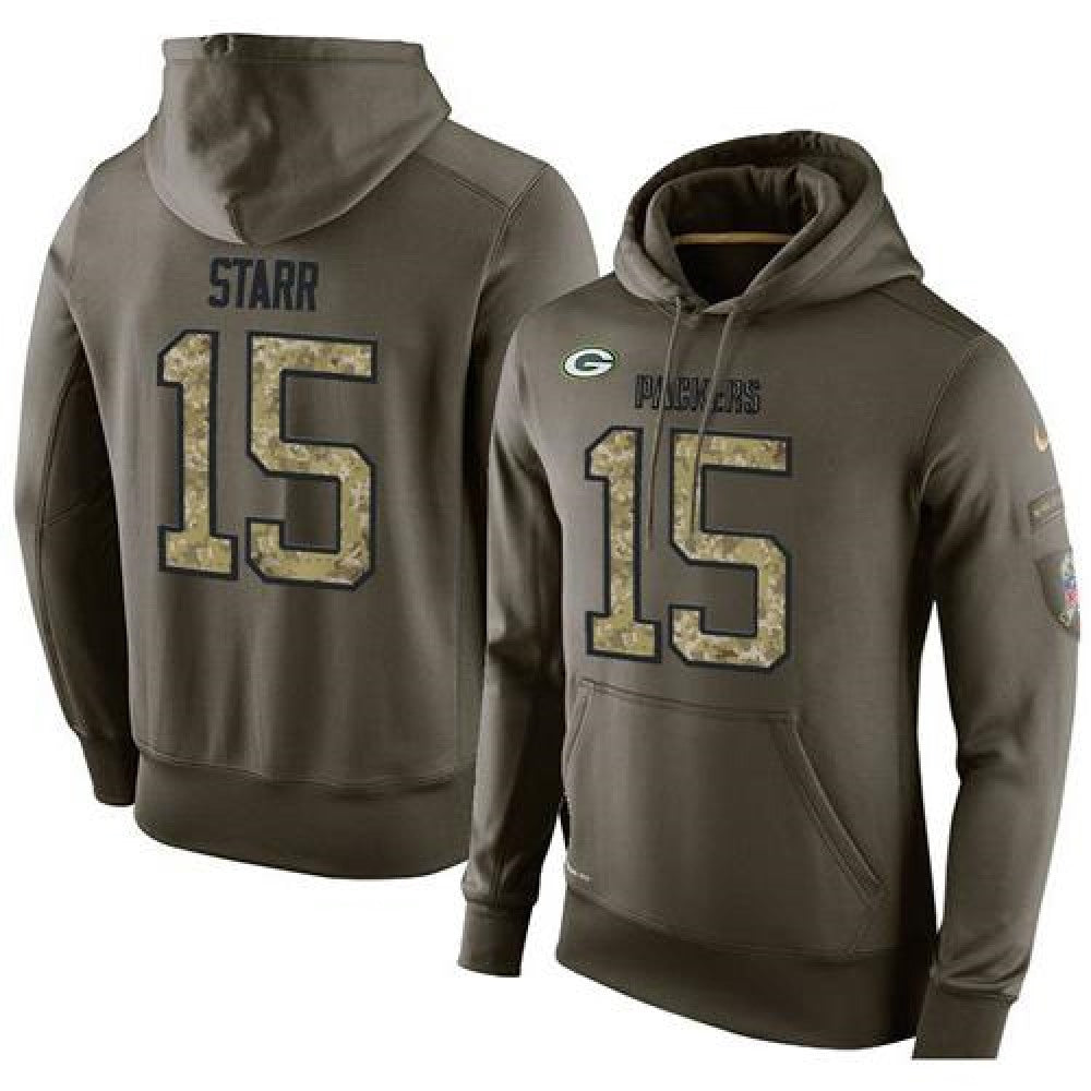 NFL Men's Green Bay Packers #15 Bart Starr Stitched Green Olive Salute To Service KO Performance Hoodie 