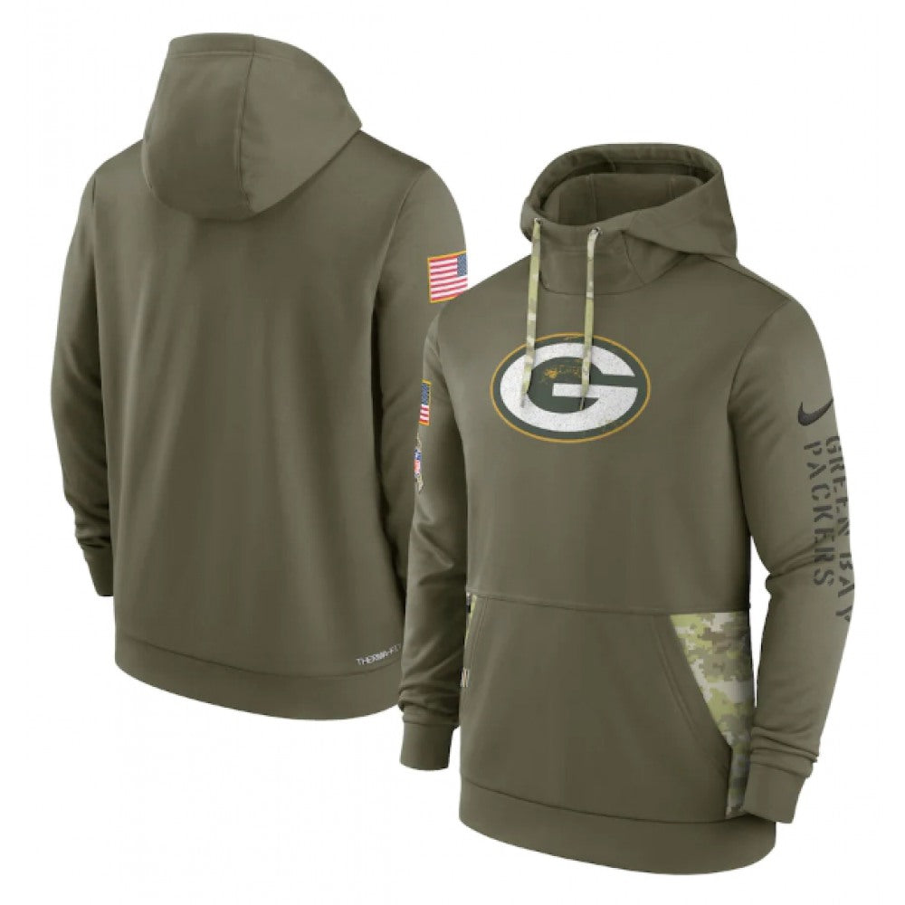 Men's Green Bay Packers 2022 Olive Salute to Service Therma Performance Pullover Hoodie 