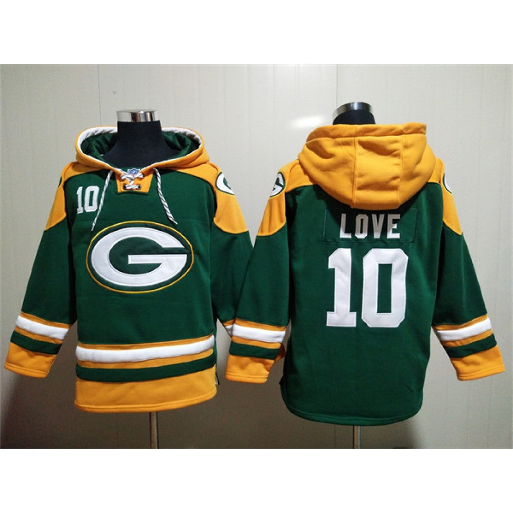 Men's Green Bay Packers #10 Jordan Love Green Lace-Up Pullover Hoodie 