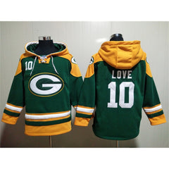 Men's Green Bay Packers #10 Jordan Love Green Lace-Up Pullover Hoodie 
