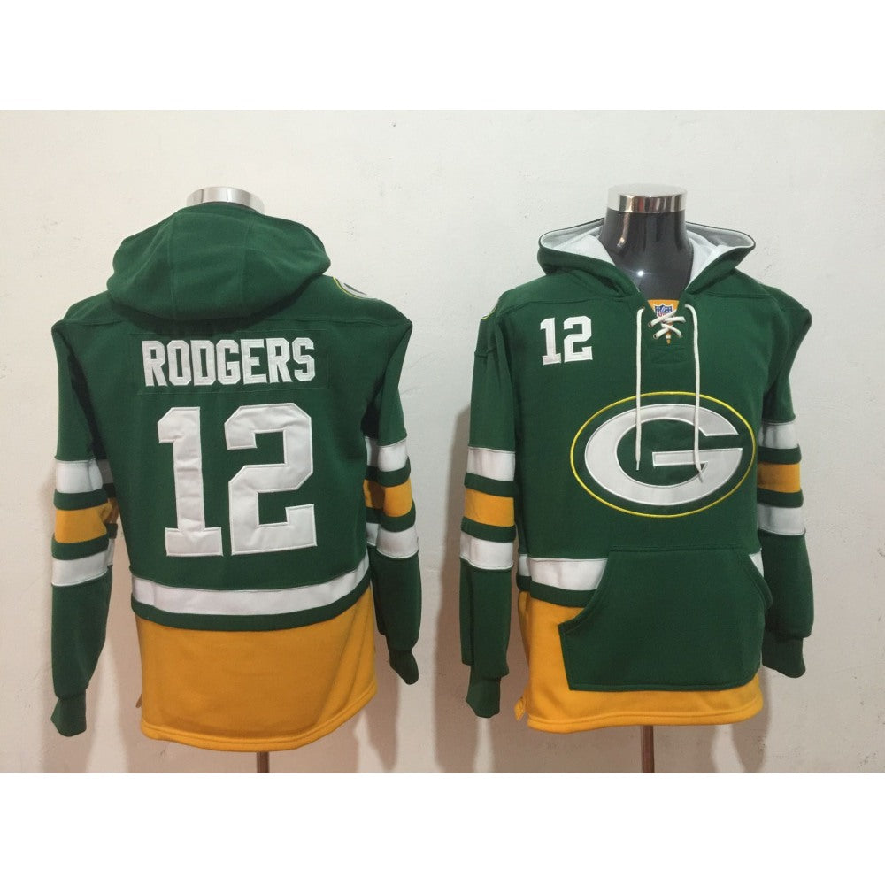Men's Green Bay Packers #12 Aaron Rodgers Green All Stitched NFL Hoodie Sweatshirt 
