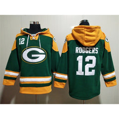 Men's Green Bay Packers #12 Aaron Rodgers Green Lace-Up Pullover Hoodie 