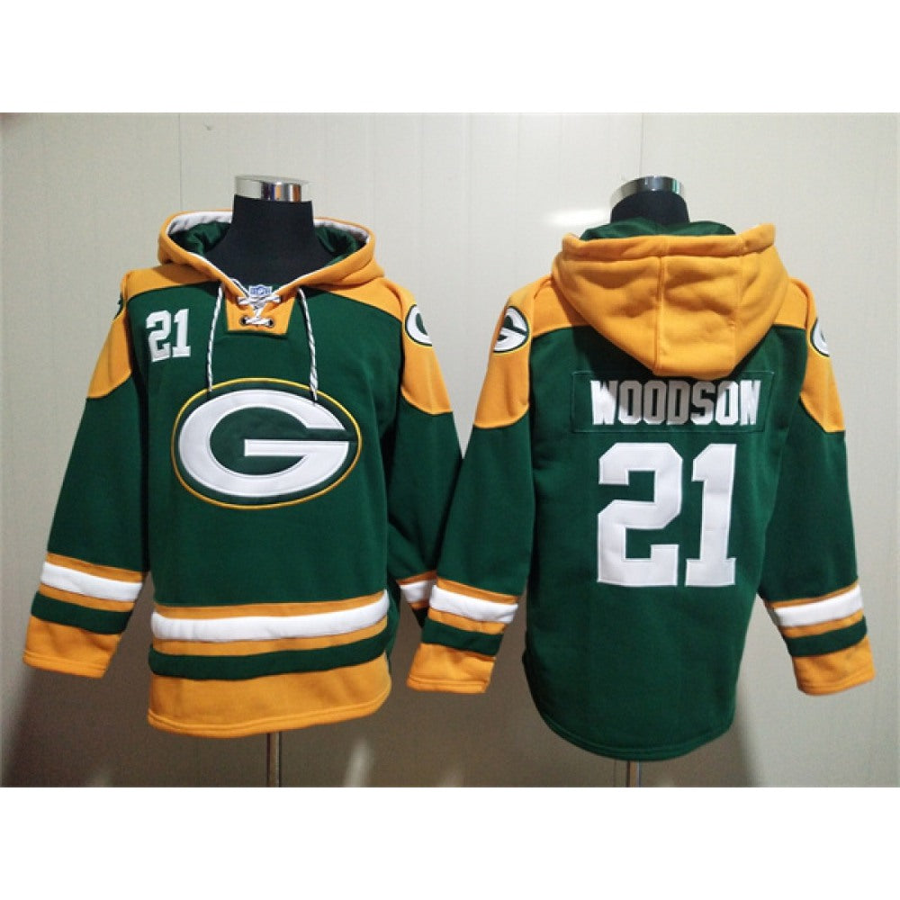 Men's Green Bay Packers #21 Charles Woodson Green Lace-Up Pullover Hoodie 
