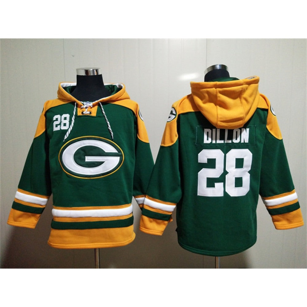 Men's Green Bay Packers #28 A.J. Dillon Green Lace-Up Pullover Hoodie 