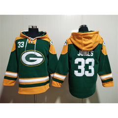 Men's Green Bay Packers #33 Aaron Jones Green Lace-Up Pullover Hoodie 