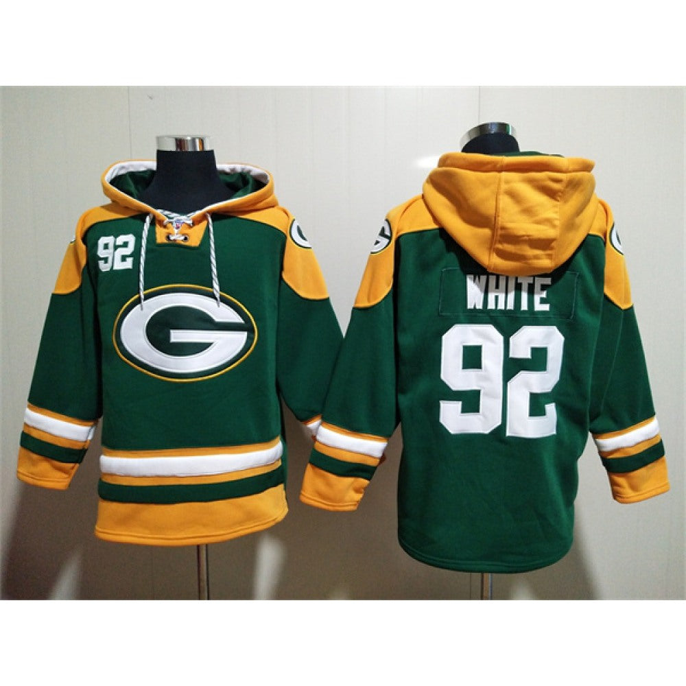 Men's Green Bay Packers #92 Reggie White Green Lace-Up Pullover Hoodie 