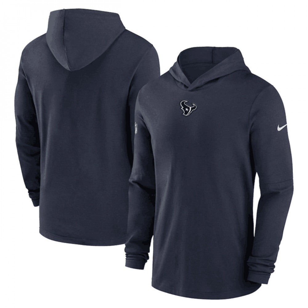 Men's Houston Texans Navy Sideline Performance Long Sleeve Hoodie T-Shirt 