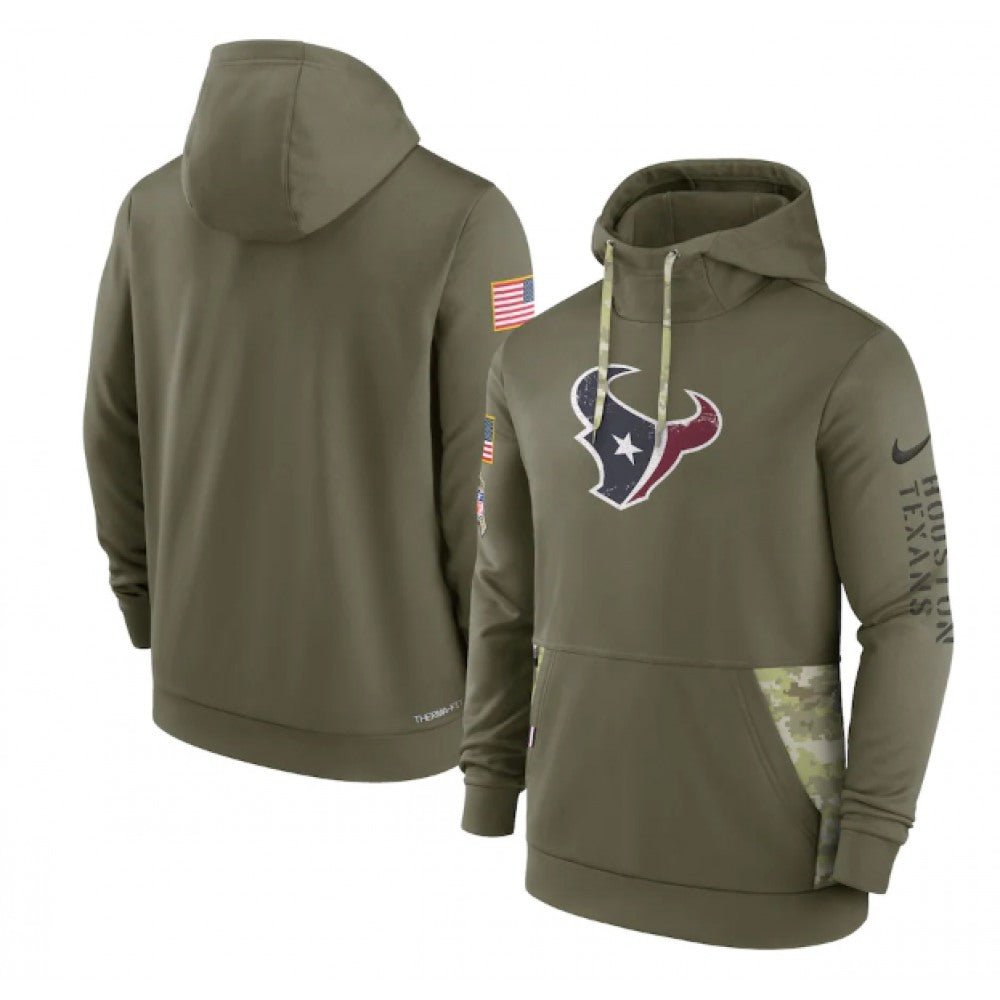 Men's Houston Texans 2022 Olive Salute to Service Therma Performance Pullover Hoodie 