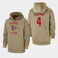 Men's Houston Texans #4 Deshaun Watson Tan 2019 Salute to Service Sideline Therma Pullover Hoodie 
