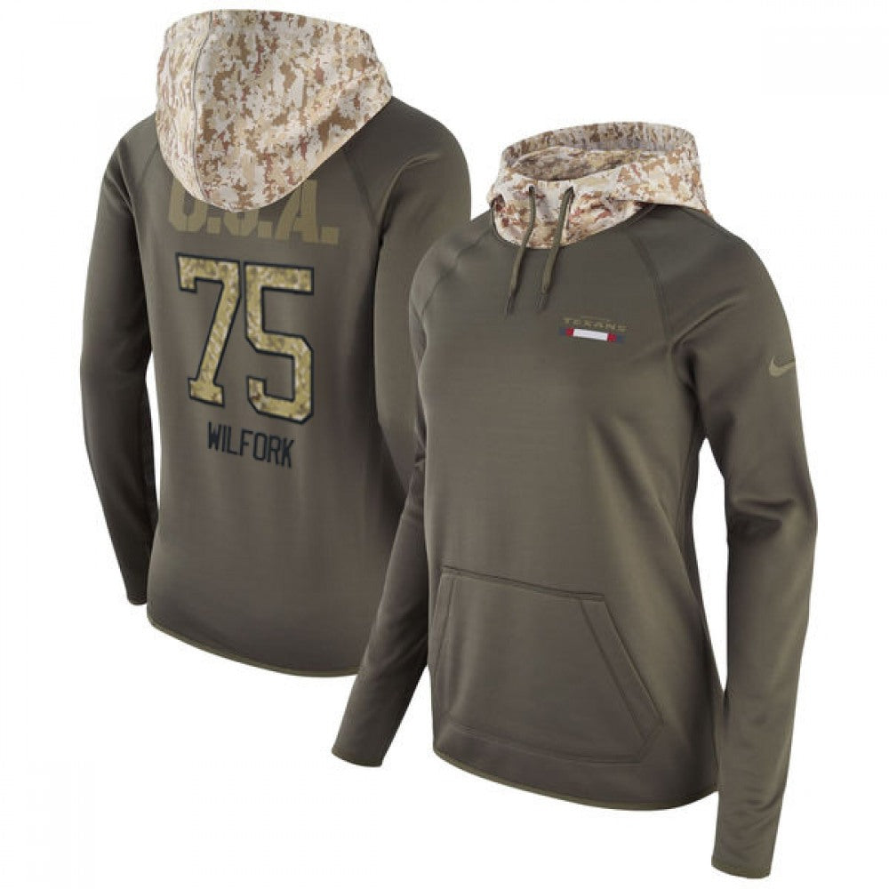 Women's Houston Texans #75 Vince Wilfork Olive Salute to Service Sideline Therma Pullover Hoodie 