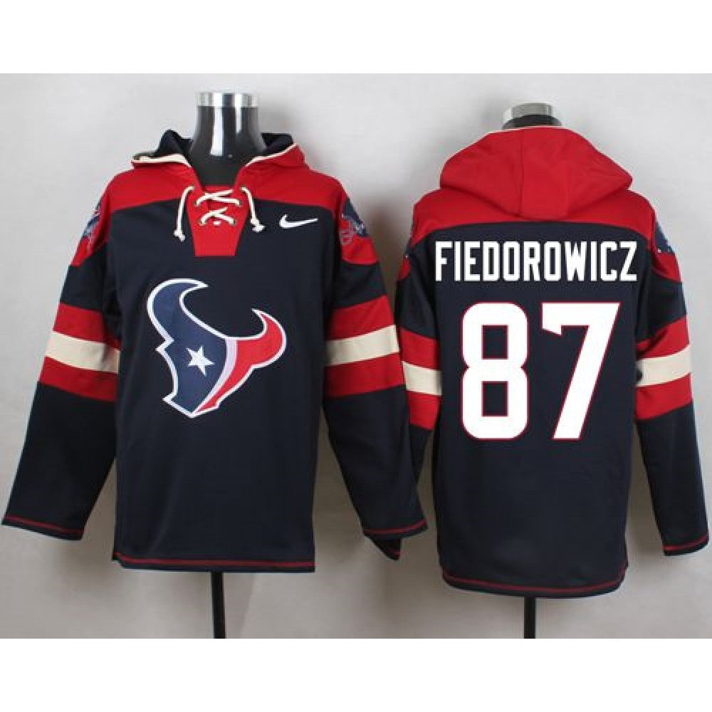 Texans #87 C.J. Fiedorowicz Navy Blue Player Pullover NFL Hoodie 