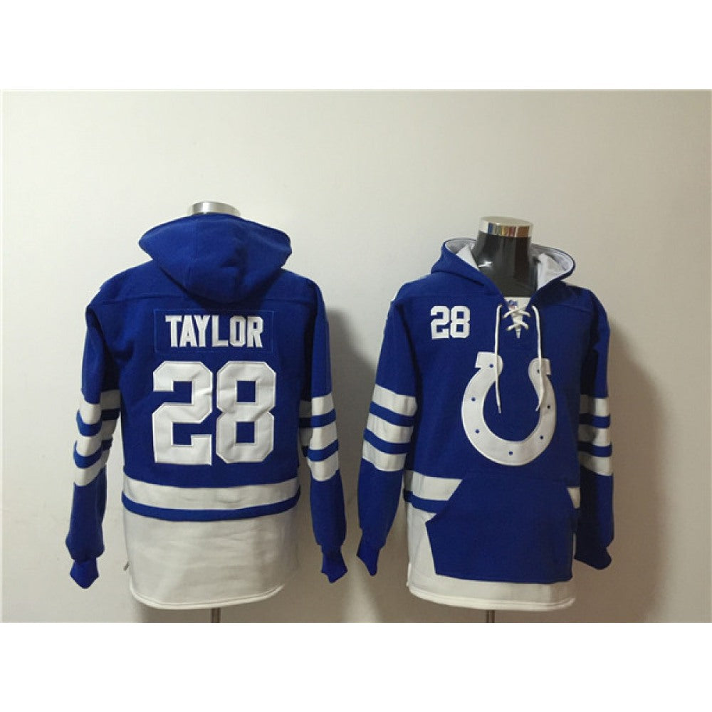 Men's Indianapolis Colts #28 Jonathan Taylor Blue/White Ageless Must-Have Lace-Up Pullover Hoodie 