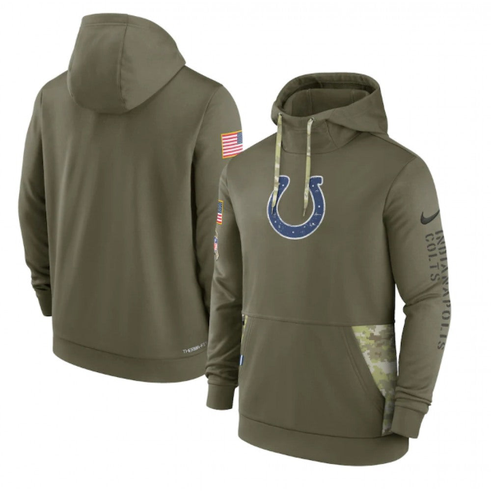 Men's Indianapolis Colts 2022 Olive Salute to Service Therma Performance Pullover Hoodie 