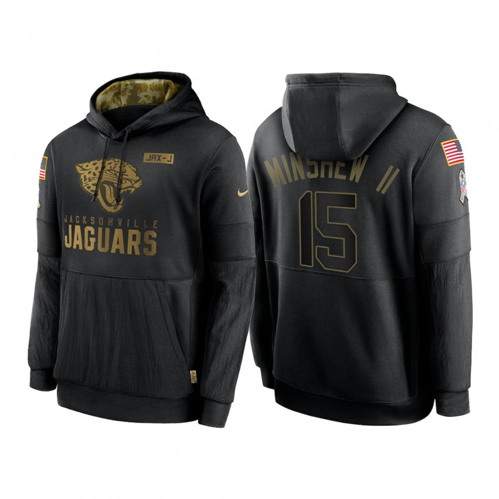 Men's Jacksonville Jaguars #15 Gardner Minshew II 2020 Black Salute to Service Sideline Performance Pullover Hoodie 