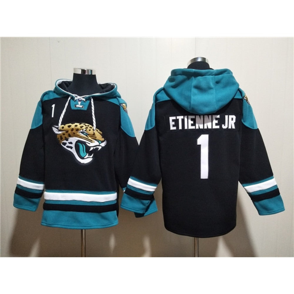 Men's Jacksonville Jaguars #1 Travis Etienne Jr. Black Ageless Must-Have Lace-Up Pullover Hoodie 