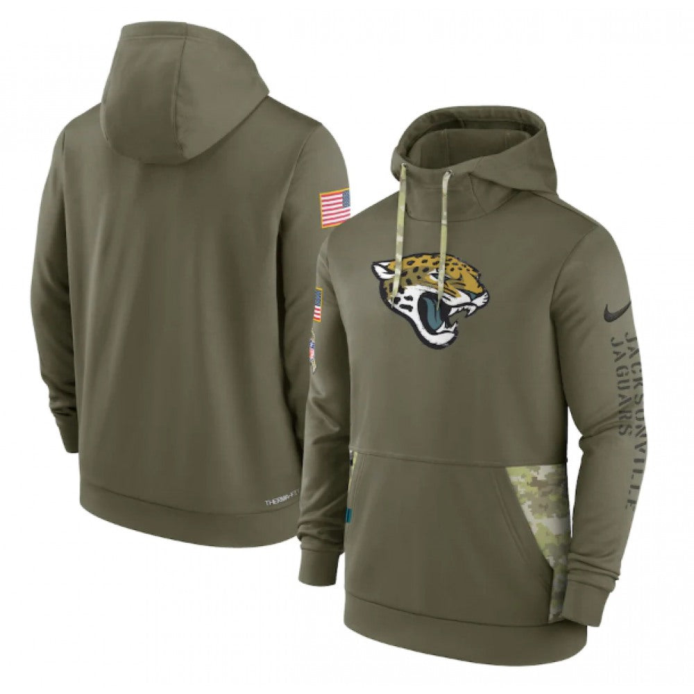 Men's Jacksonville Jaguars 2022 Olive Salute to Service Therma Performance Pullover Hoodie 