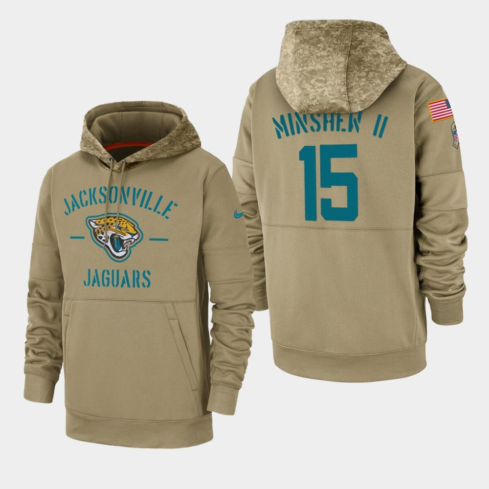 Men's Jacksonville Jaguars #15 Gardner Minshew II Tan 2019 Salute to Service Sideline Therma Pullover Hoodie 