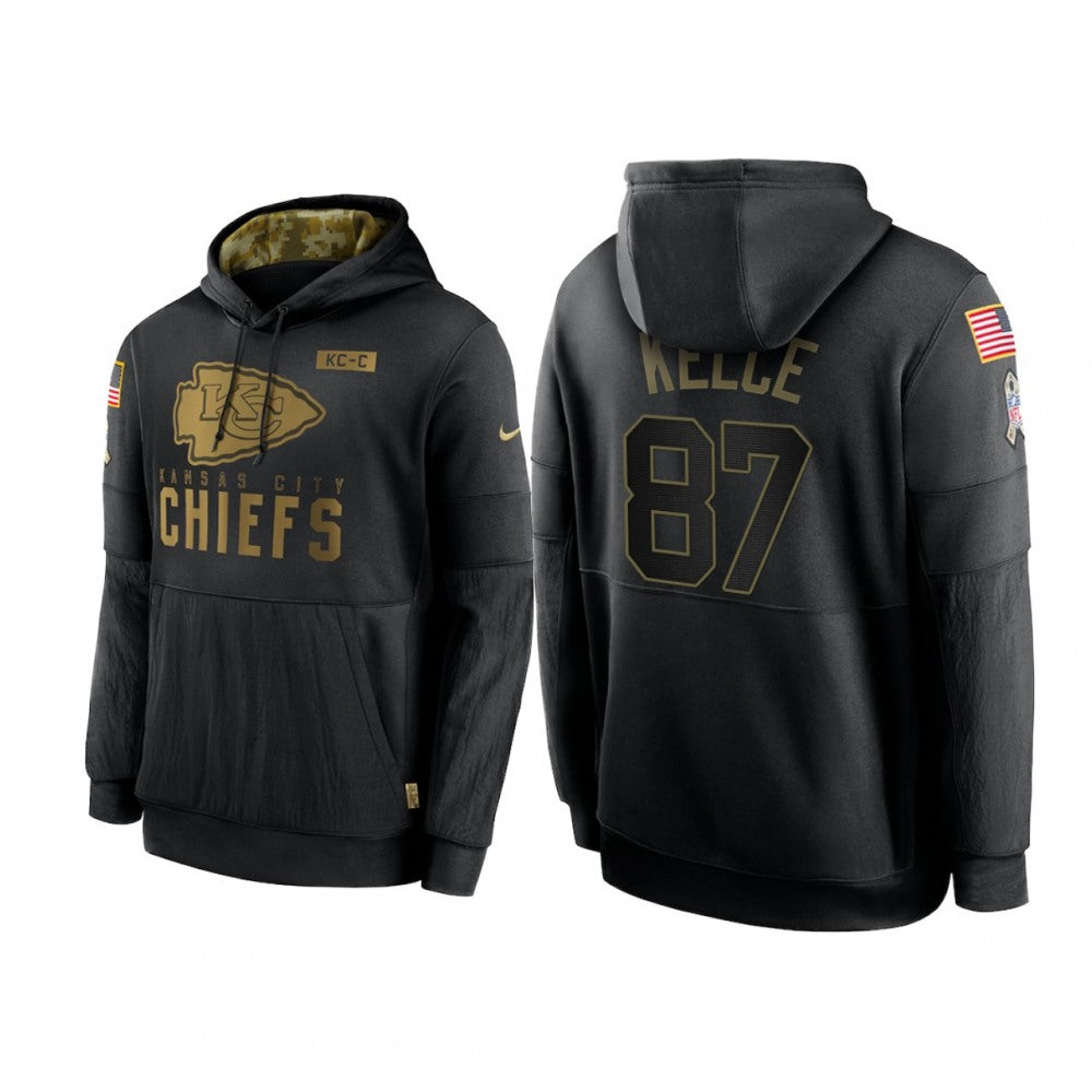 Men's Kansas City Chiefs #87 Travis Kelce 2020 Black Salute to Service Sideline Performance Pullover Hoodie 