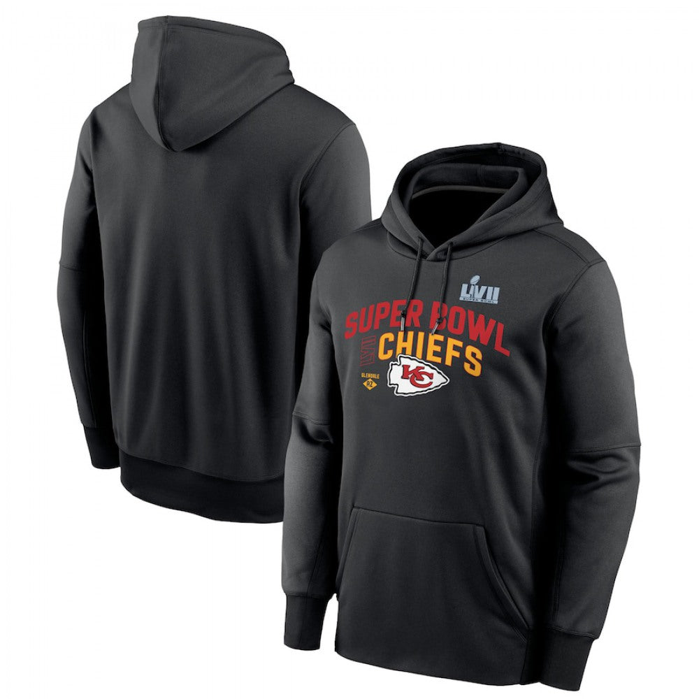 Men's Kansas City Chiefs Black Super Bowl LVII Team Logo Lockup Therma Performance Pullover Hoodie 