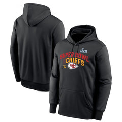 Men's Kansas City Chiefs Black Super Bowl LVII Team Logo Lockup Therma Performance Pullover Hoodie 