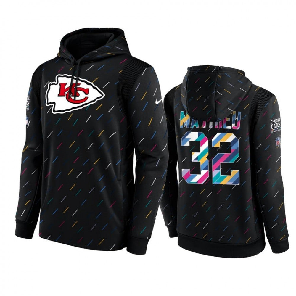 Men's Kansas City Chiefs #32 Tyrann Mathieu 2021 Charcoal Crucial Catch Therma Pullover Hoodie 