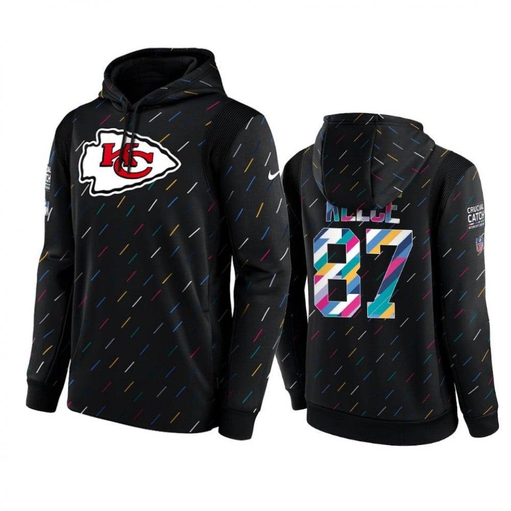 Men's Kansas City Chiefs #87 Travis Kelce 2021 Charcoal Crucial Catch Therma Pullover Hoodie 